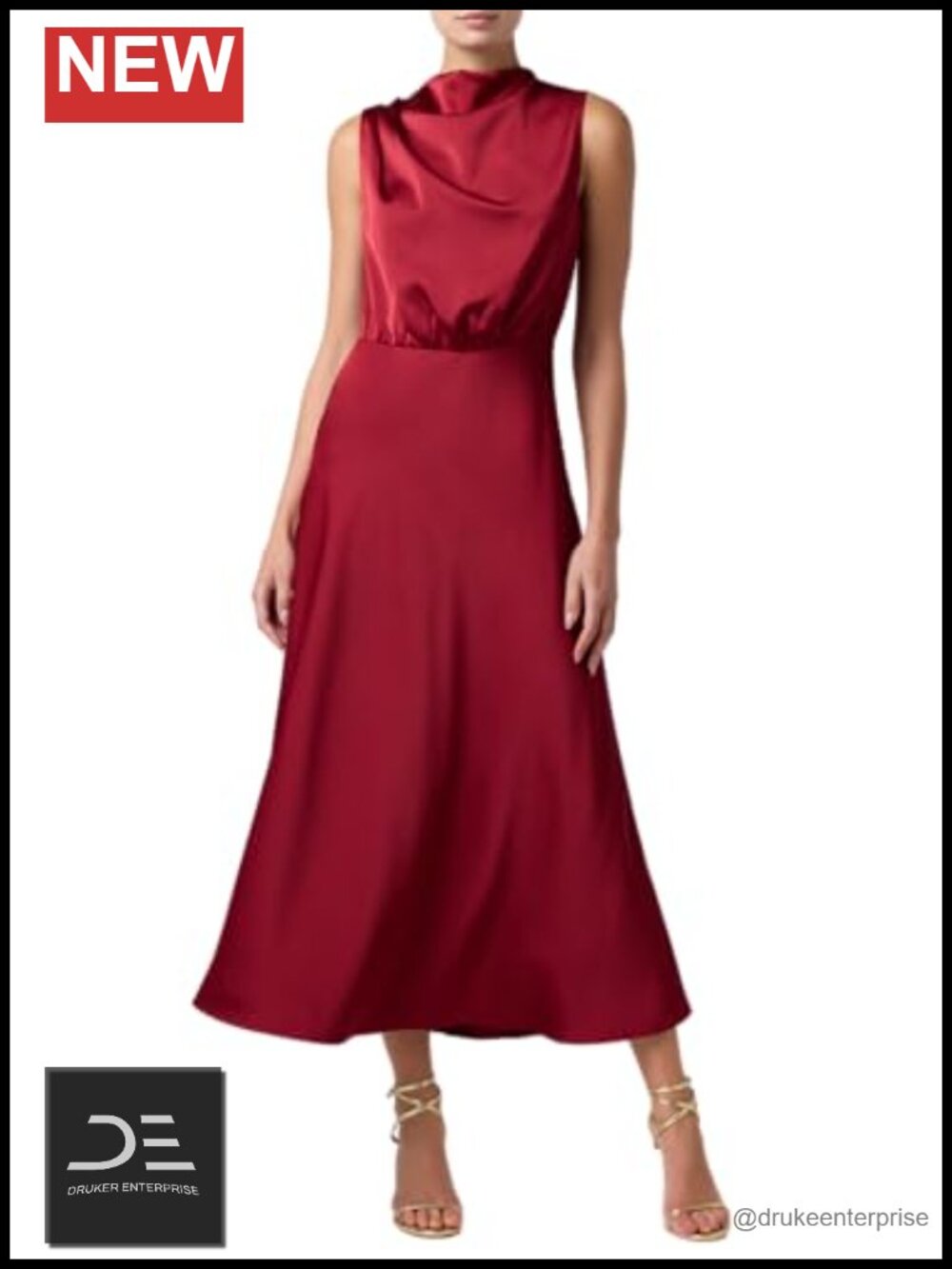 Satin Mock Neck Midi Dress Back Cutout Wedding Guest Formal